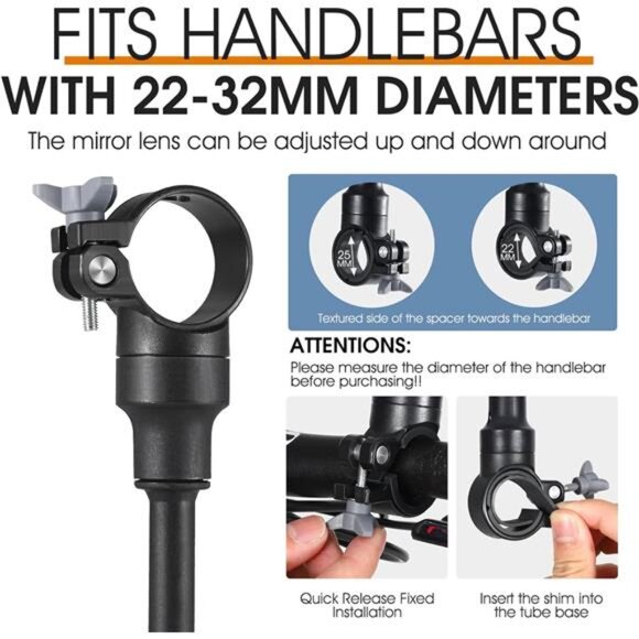 Bike Mirror Handlebar Mount, Adjustable Rotatable Bicycle Rear View Mirror, Wide - Picture 3 of 7